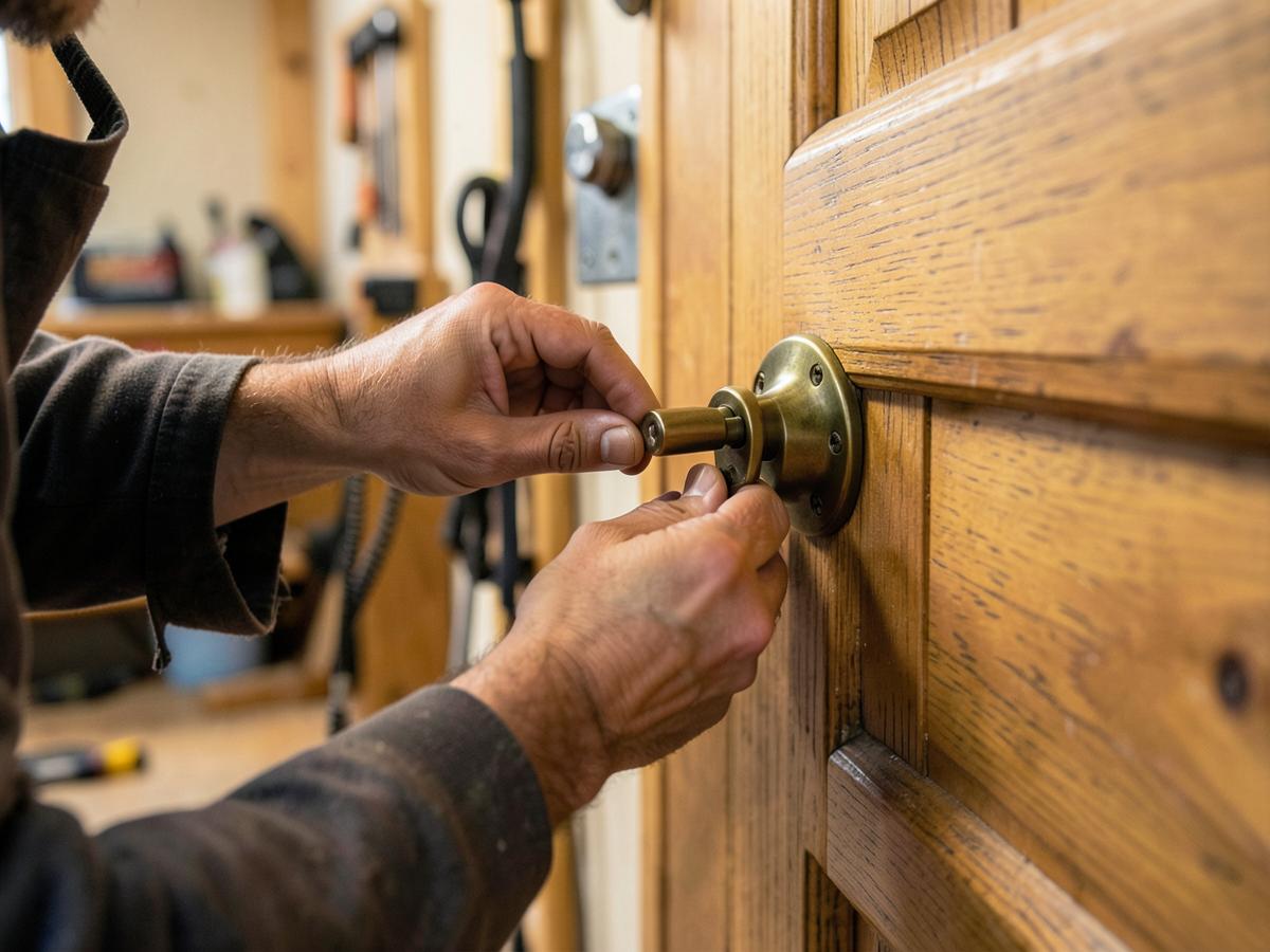 Craftsman fitting bronze hardware to a solid wood door