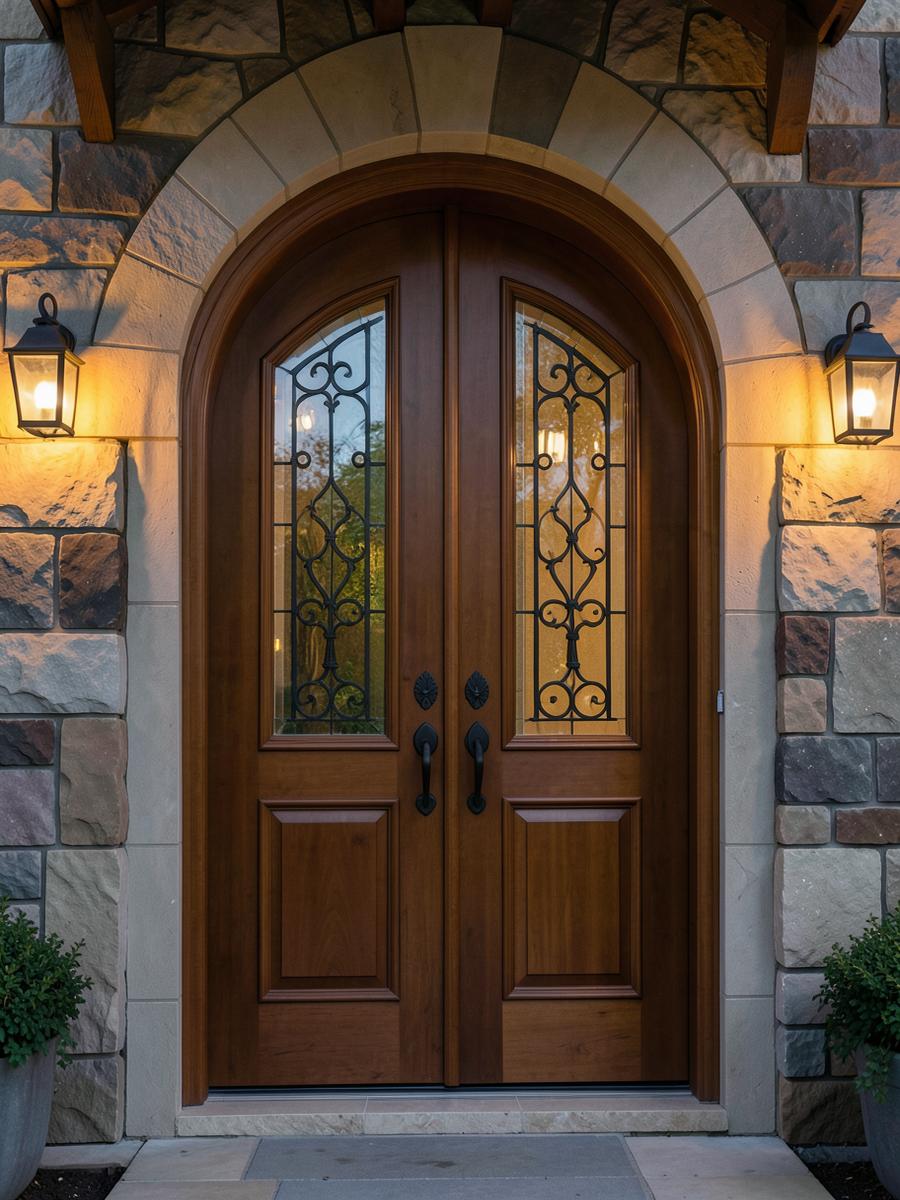 Arched mahogany double entry door with iron glass inserts