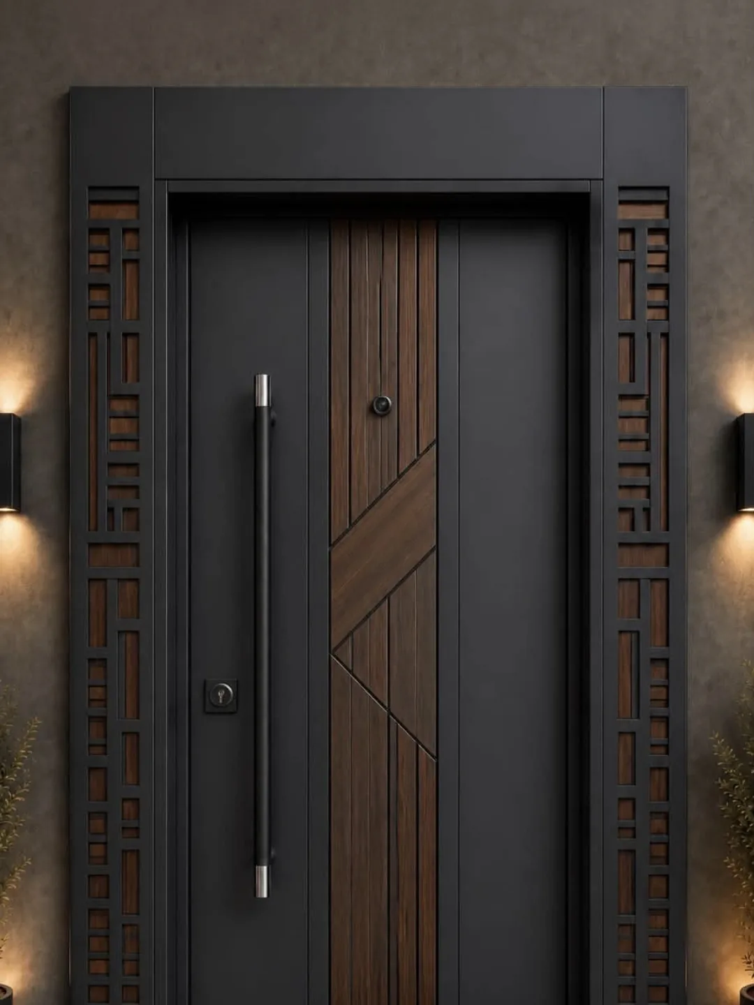 Modern matte charcoal fiberglass entry door with a vertical walnut slat accent, tall black handle and matching sidelight panels