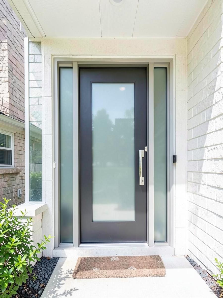 Modern dark entry door with frosted glass sidelites