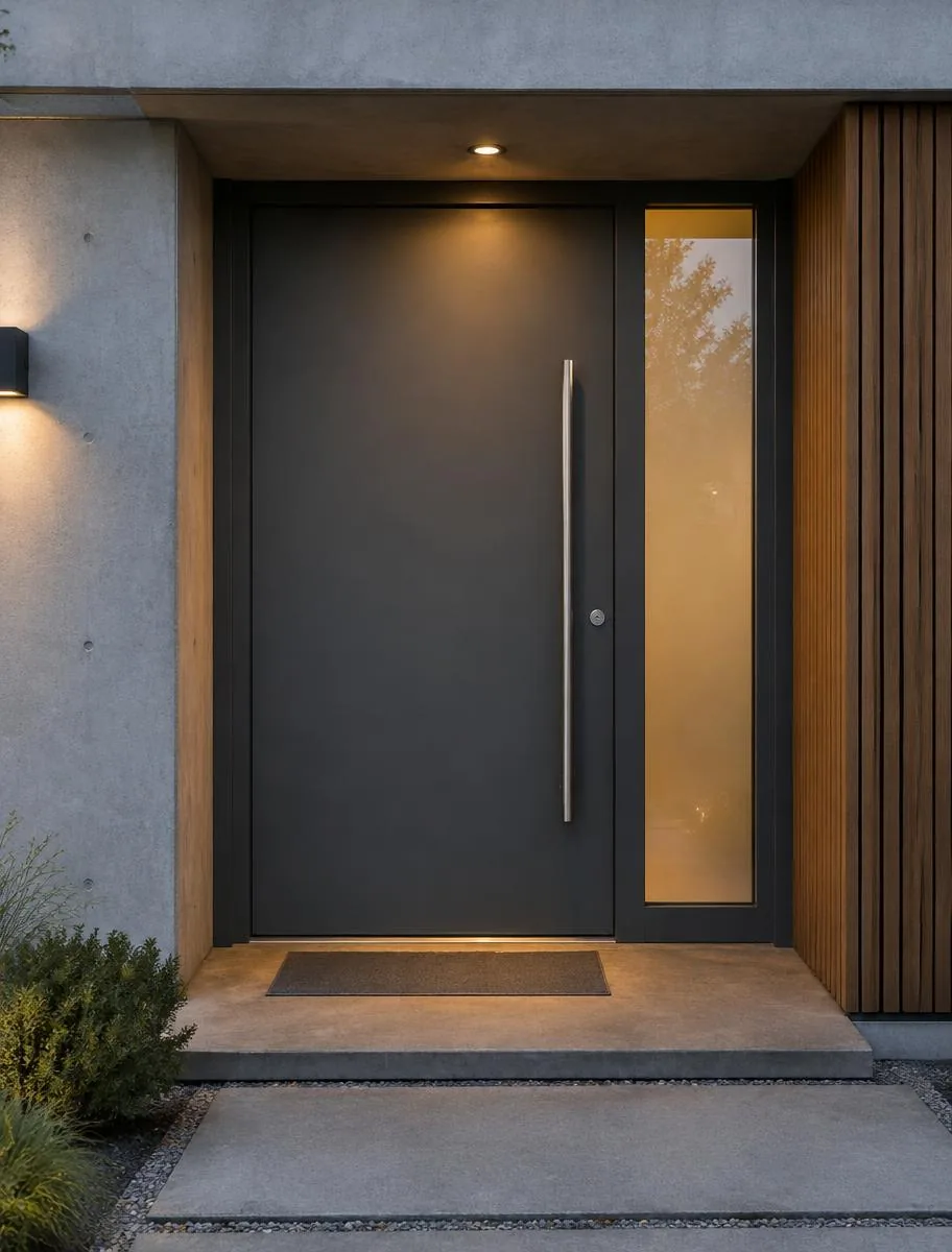 Modern flush grey steel entry door with a long handle and frosted sidelight