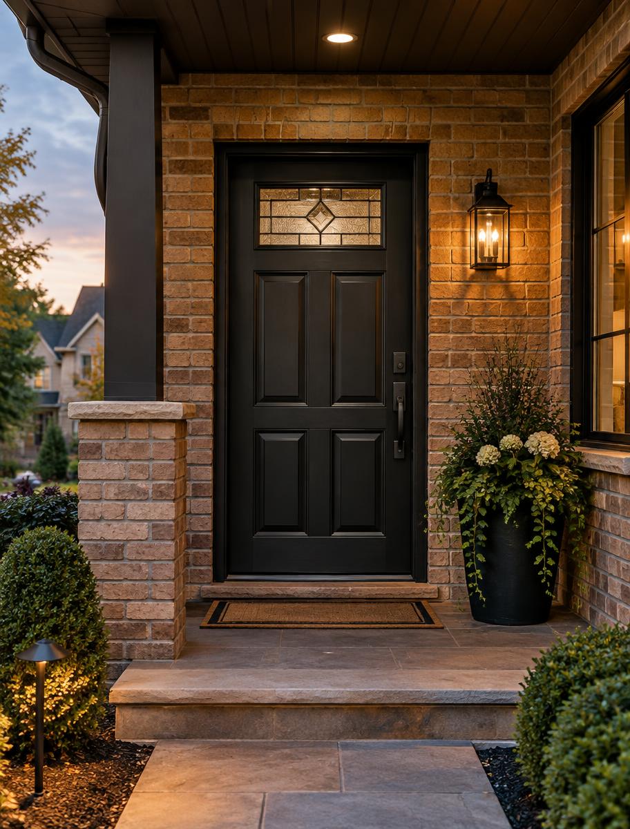 Traditional black steel front door with raised panels and decorative glass insert