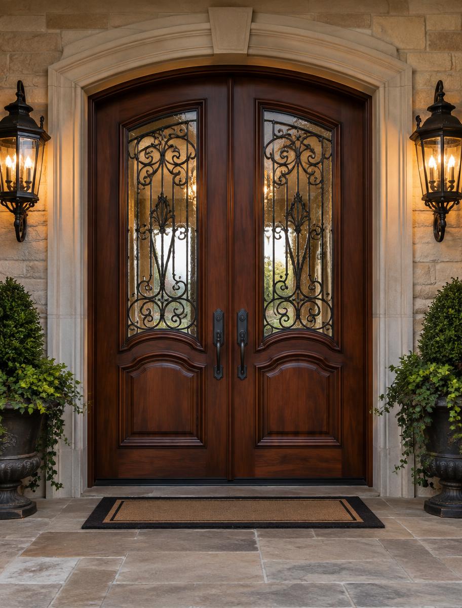 Traditional solid mahogany double door with carved panels and wrought iron inserts