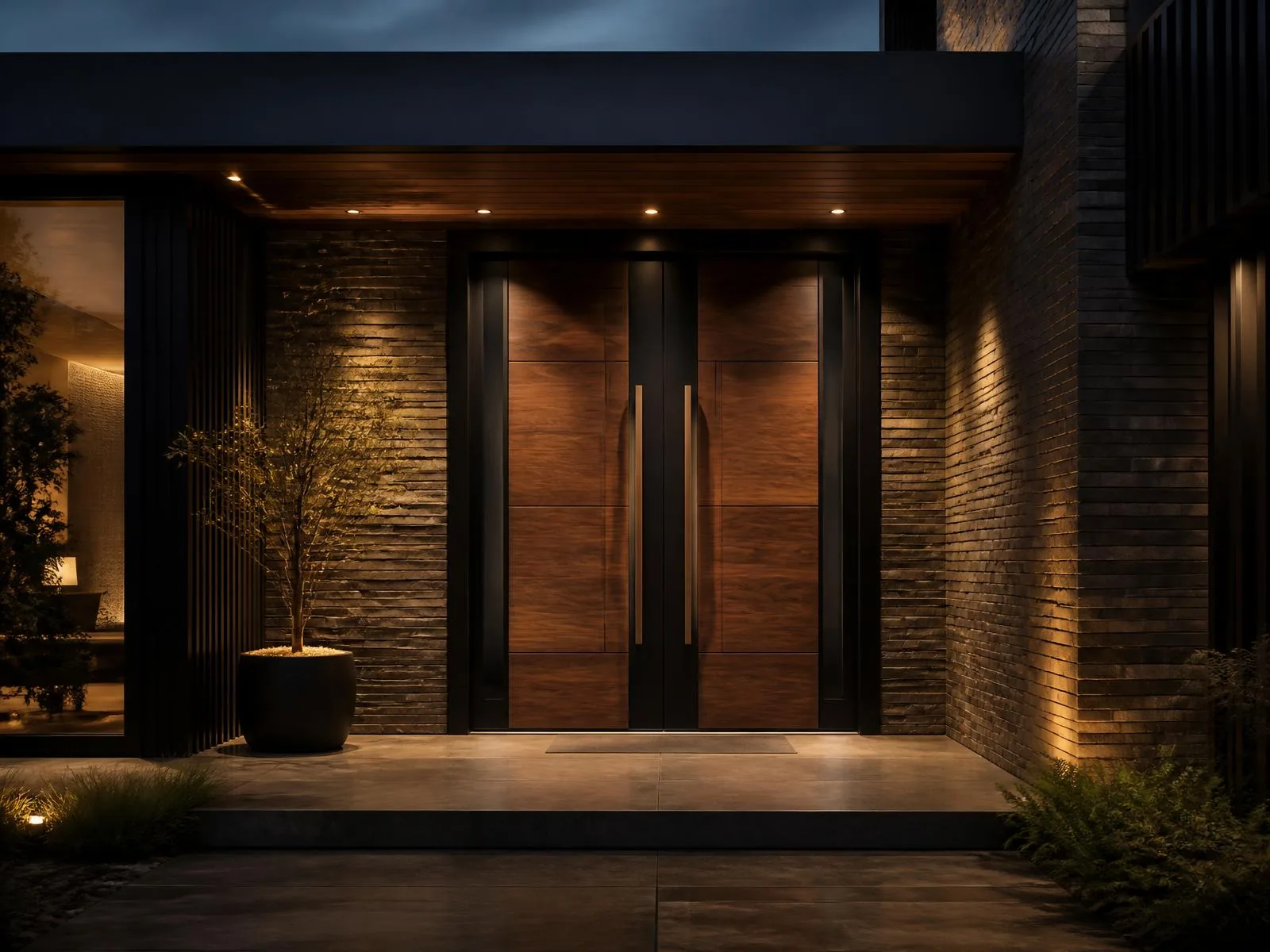 Custom walnut and black steel double entry door lit at dusk