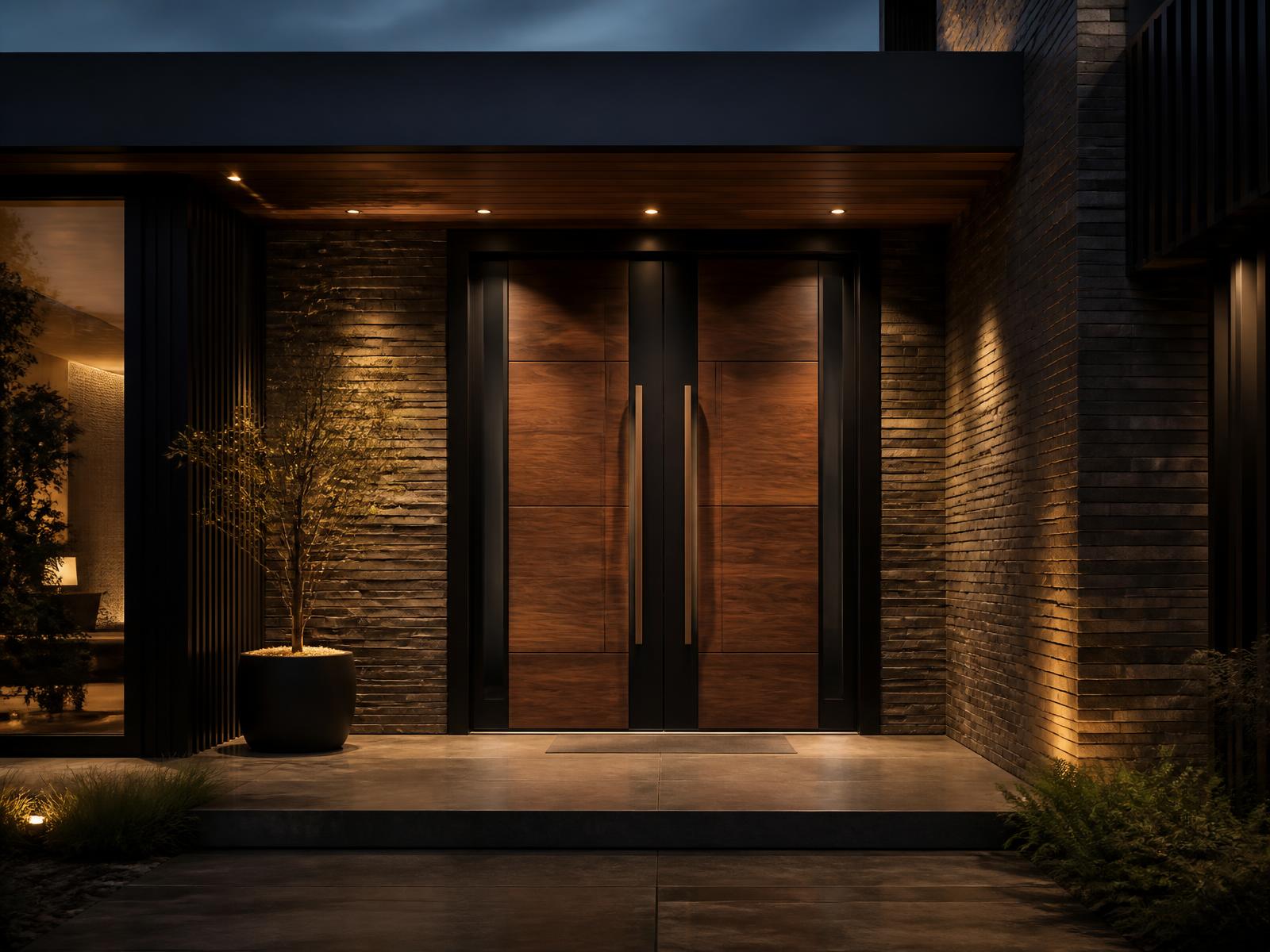 Custom walnut and black steel double entry door lit at dusk